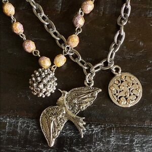 Seasonal Whispers Silver and Pink/Gold Beaded Necklace with Bird Pendant
